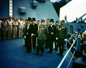 Representatives of Japan stand aboard the USS Missouri prior to signing of the Instrument of Surrender.