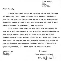 Letter from Gandhi to Hitler with plea for peace.