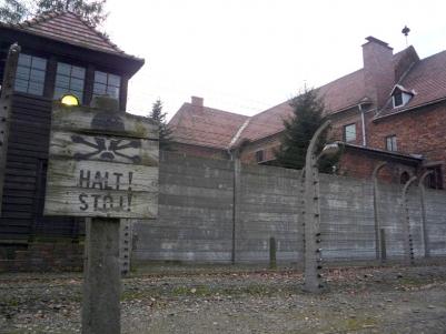Lookout towers with barbed wire fence dividing Auschwitz in different sectors.