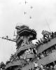 B-29 bombers flying in formation over battleship Missouri, during the Japanese surrender ceremonies.