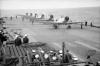 Six Blackburn Skuas of No 800 Squadron Fleet Air Arm line up on deck before taking off from HMS Ark Royal.