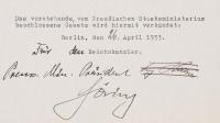 Decree creating the Gestapo signed by Hitler and only then by Goering