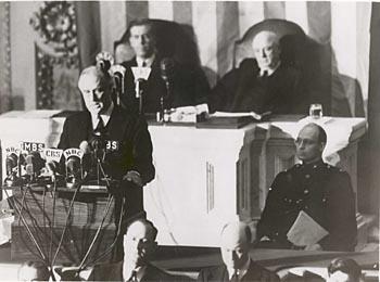 Franklin Delano Roosevelt asks the Congress to declare war to the Axis after the Pearl Harbor attack.