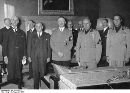 Chamberlain, Daladier, Hitler, Mussolini and Ciano pictured before signing the Munich.