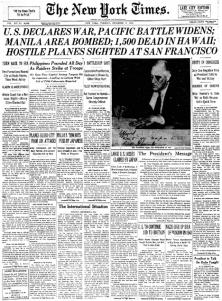 Frontpage of "The New York Times" on the U.S. declaration of war on Japan.