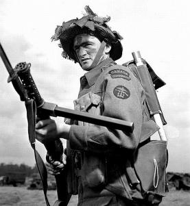 Canadian soldier with an Lanchester submachine gun training for D-Day.