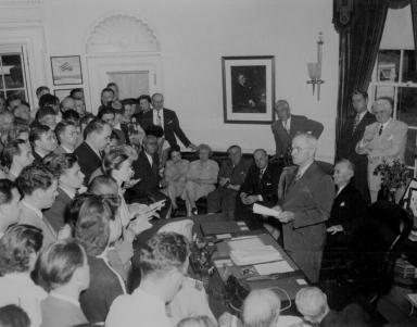 Harry Truman announcing Japan's surrender at the White House.
