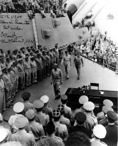 MacArthur and Nimitz aboard USS Missouri.