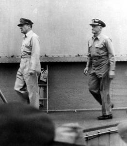 MacArthur and Nimitz arriving on USS Missouri for the signing of the instrument of surrender.