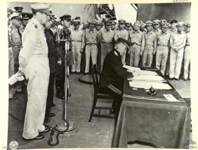 Kuzma Derevyanko signing the Japanese surrender document aboard USS Missouri.