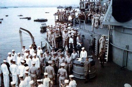 Japanese delegation leaving USS Missouri.