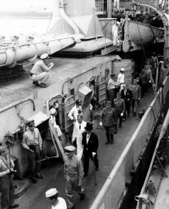 Foreign Minister Mamoru Shigemitsu and General Yoshijiro Umezu walked along the deck of destroyer Lansdowne after the surrender ceremonies.