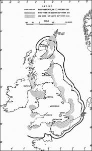 Map showing British radar range between Sep 1939 and Sep 1940, published in 1953.