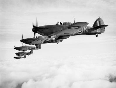 Six British Royal Navy Fleet Air Arm Sea Hurricane aircraft operating from Yeoviton, United Kingdom flying in formation.