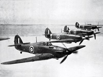 Canadian Hurricane fighters in flight.