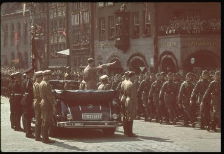 Nazi troops parade before Hitler in Nuremberg.