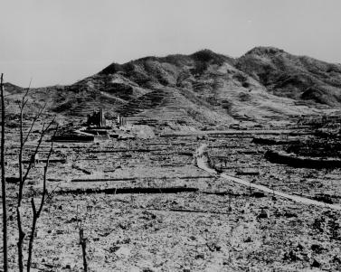 In the background, a Roman Catholic cathedral on a hill in Nagasaki.